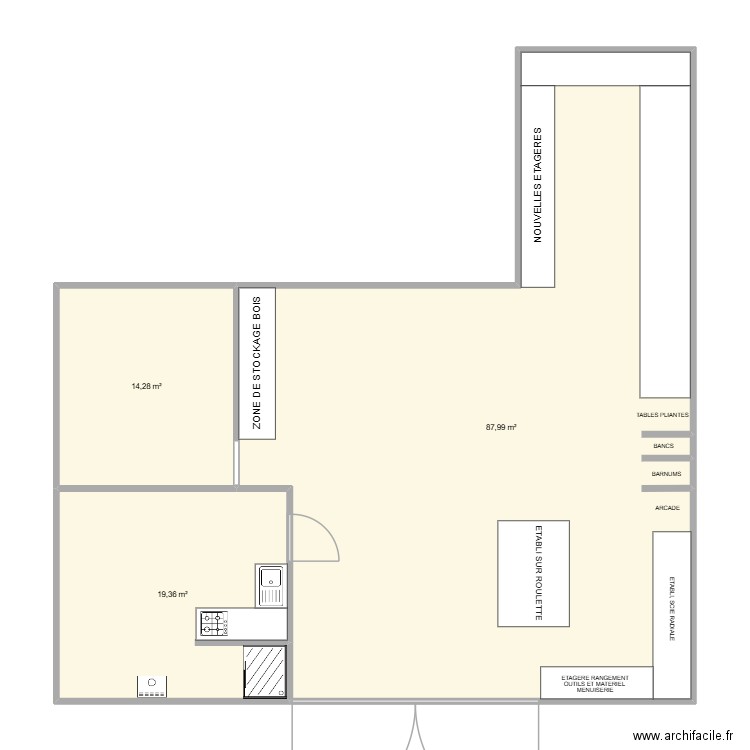 Hangar bass div. Plan de 3 pièces et 122 m2