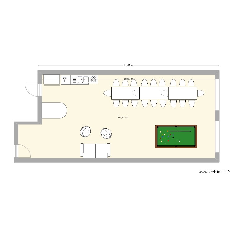 Salle de pause. Plan de 1 pièce et 61 m2