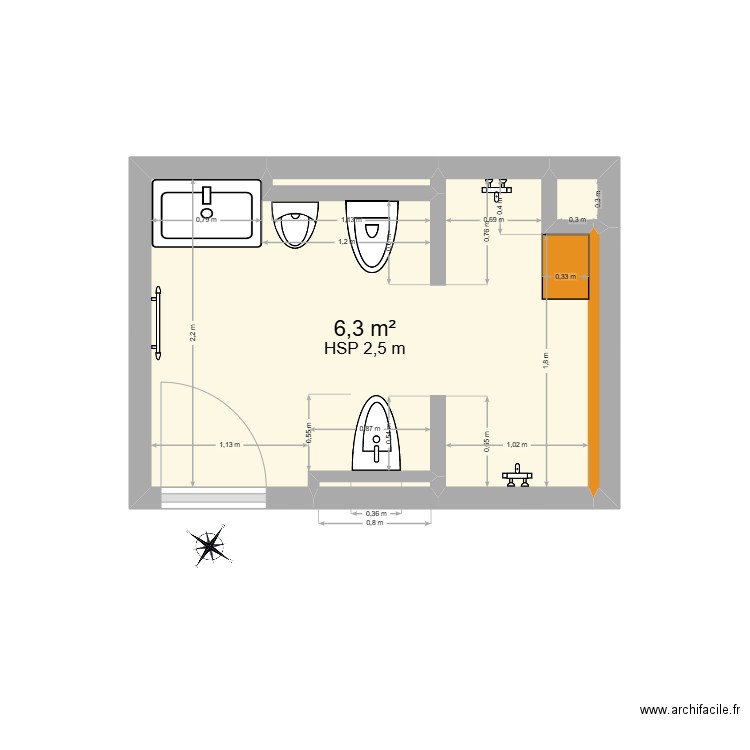 SDB. Plan de 4 pièces et 6 m2