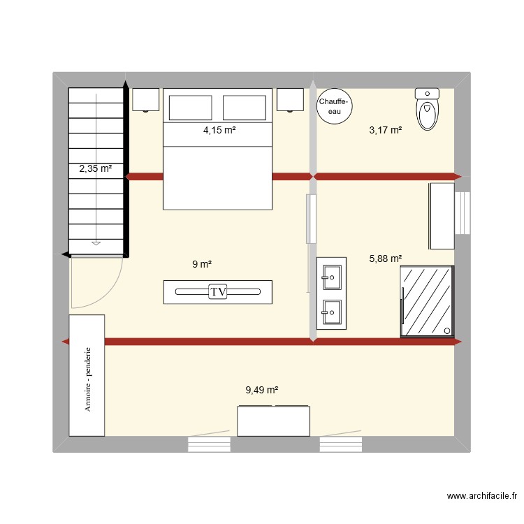 plan aménagement 2eme etage. Plan de 6 pièces et 34 m2