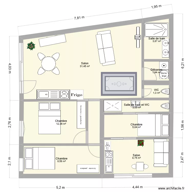 studio + appart 2026 mozart. Plan de 9 pièces et 77 m²