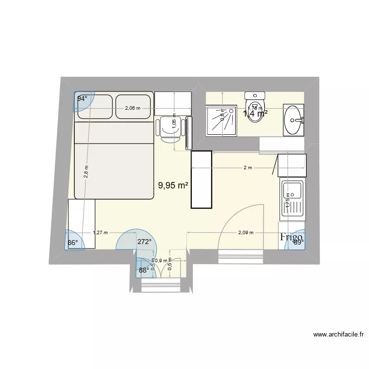 plan studio. Plan de 2 Pièces et 11 m²