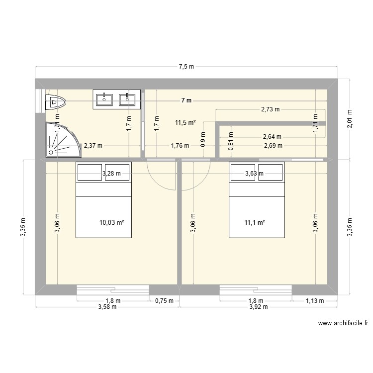 SISSI ETAGE. Plan de 3 pièces et 33 m2