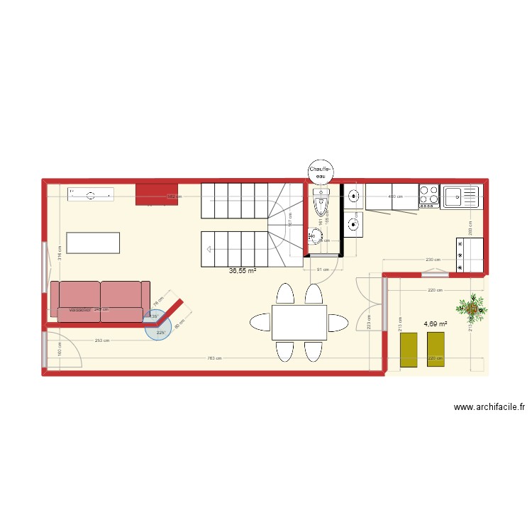 rez de chaussée  4 eme version. Plan de 2 pièces et 41 m2