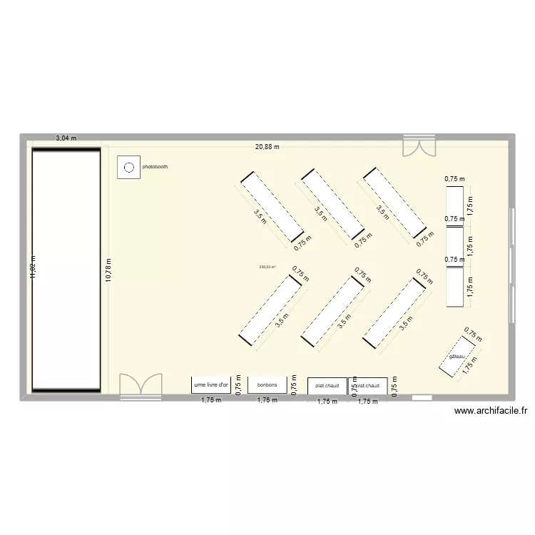 plan de salle. Plan de 1  et 230 m²