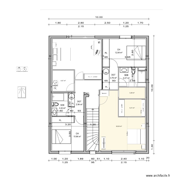 étage avec travaux 4 sdb dressing. Plan de 4 pièces et 36 m2