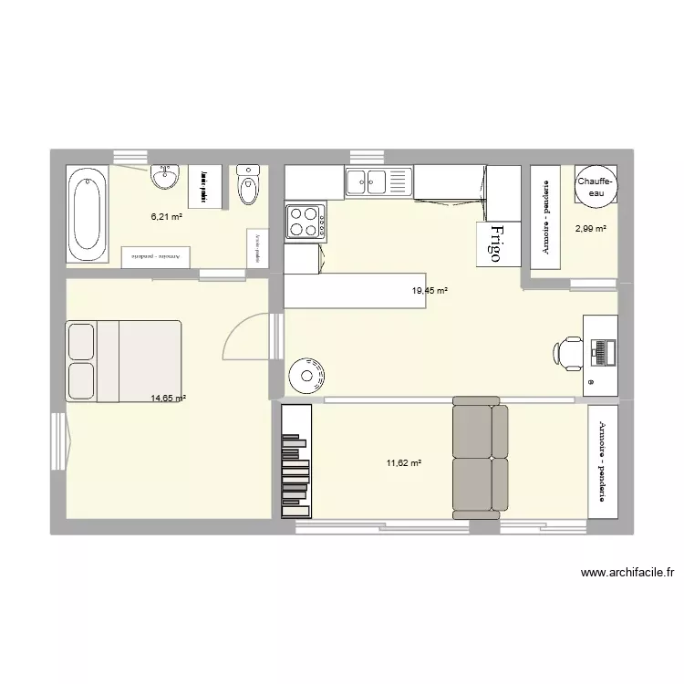 Maison 1 meubl&eacute;. Plan de 5 Pièces et 55 m²