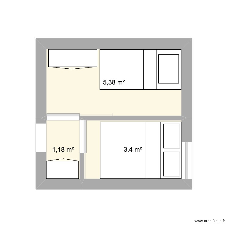 Chambre Neptuna 1. Plan de 3 pièces et 10 m2