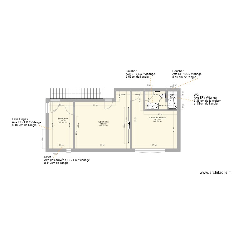 Studio Ciné Buanderie Plomberie MAJ. Plan de 4 pièces et 44 m2