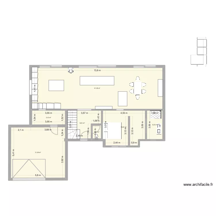 piece de vie. Plan de 7  et 129 m²
