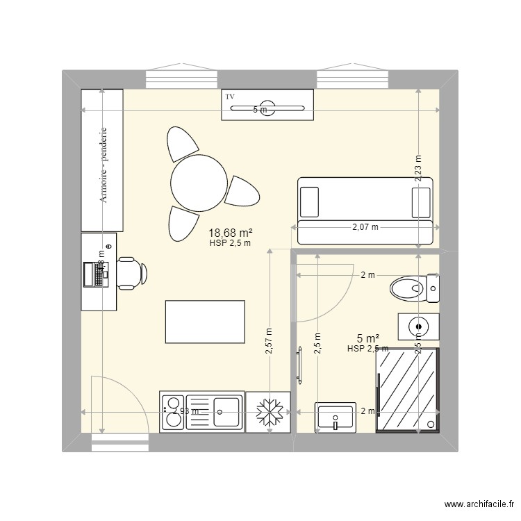 studio. Plan de 2 pièces et 24 m2