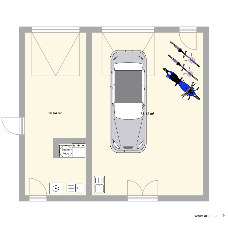 garage. Plan de 2 pièces et 59 m2