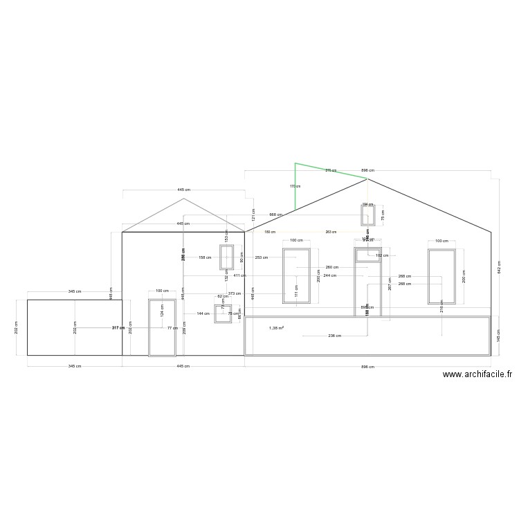 Plan façade avant avec réhausse du toit. Plan de 1 pièce et 1 m2