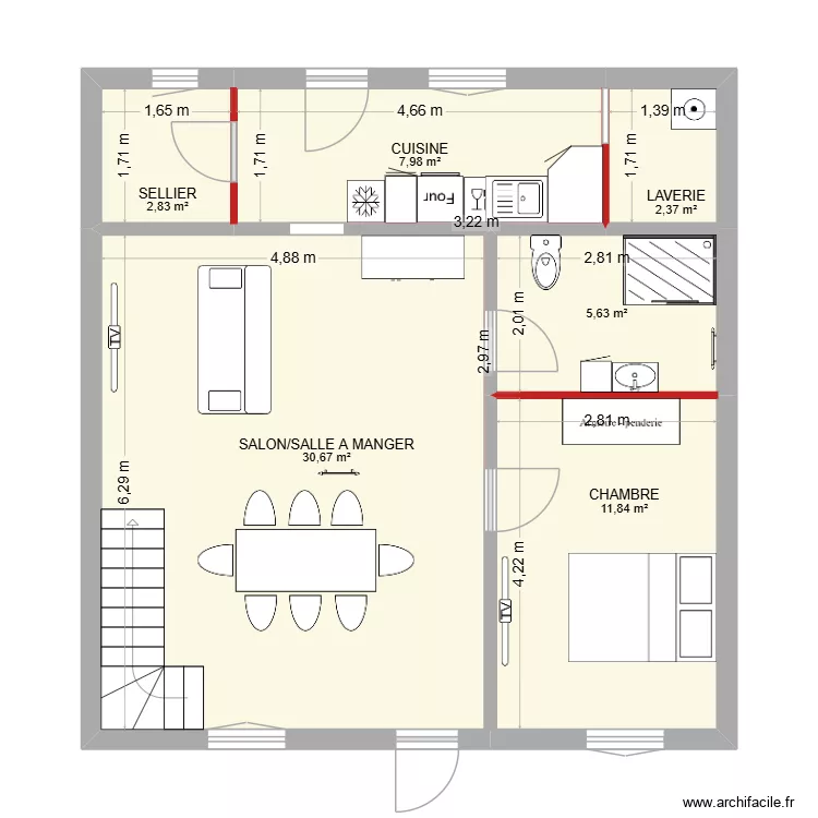 MAISON JUSTIN AVEC MUR. Plan de 6 et 61 m² MAISON JUSTIN AVEC MUR. Plan de 6 et 61 m²
