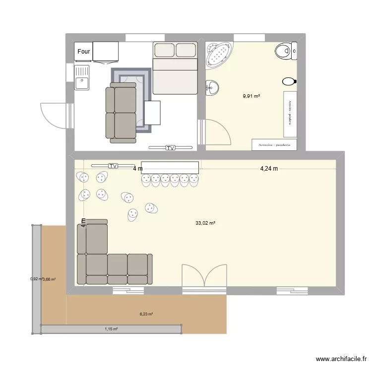 epicerie Koundi. Plan de 2  et 43 m²