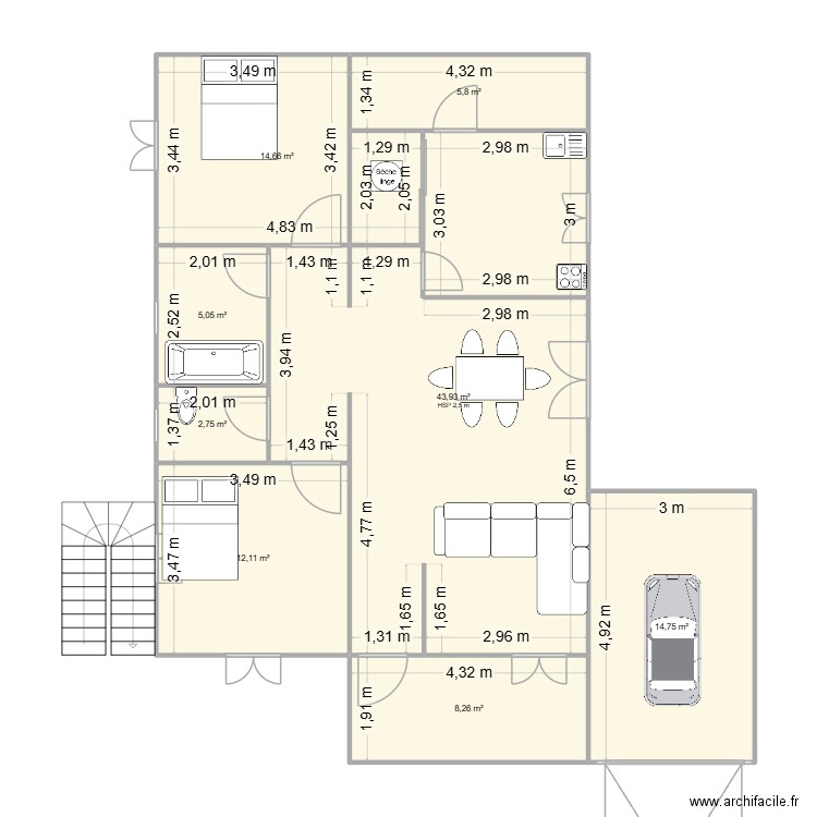 MAISON. Plan de 8 pièces et 107 m2