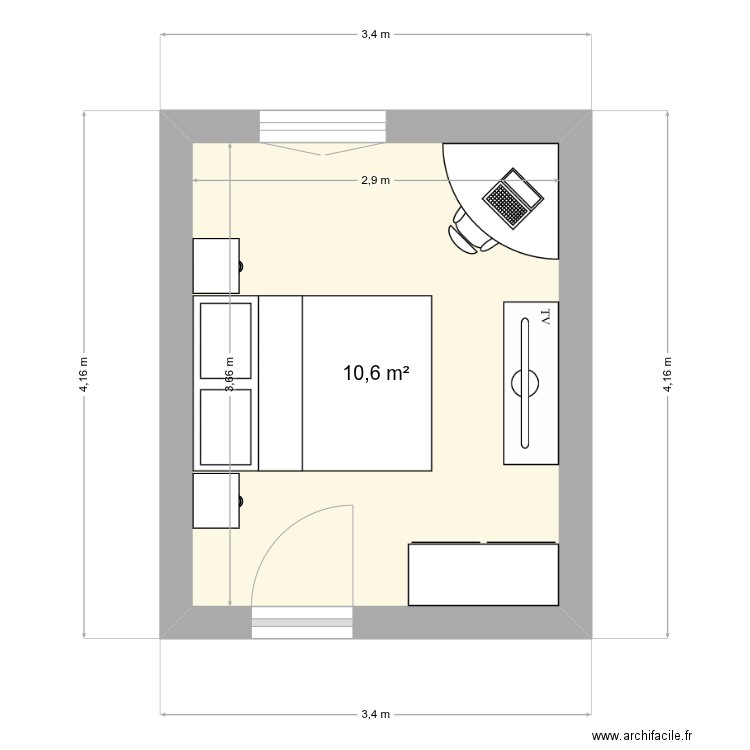 chambre. Plan de 1 pièce et 11 m2