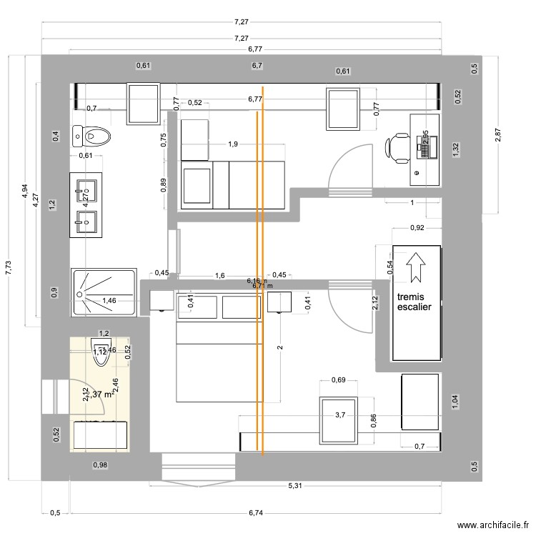 bureau étage meublé. Plan de 1 pièce et 2 m2