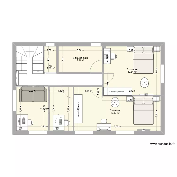 Etage maison projet V2. Plan de 5  et 48 m²