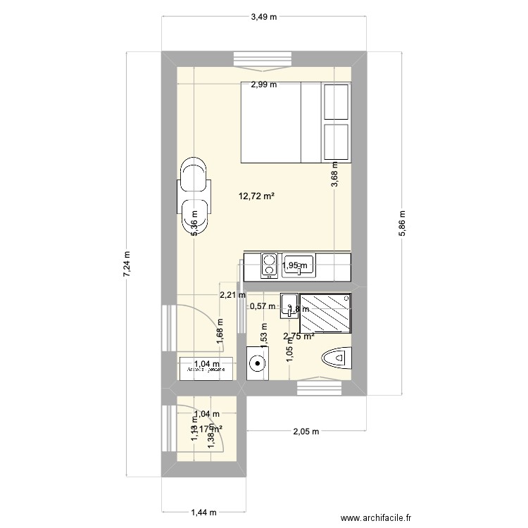 Condorcet BIS. Plan de 3 pièces et 17 m2