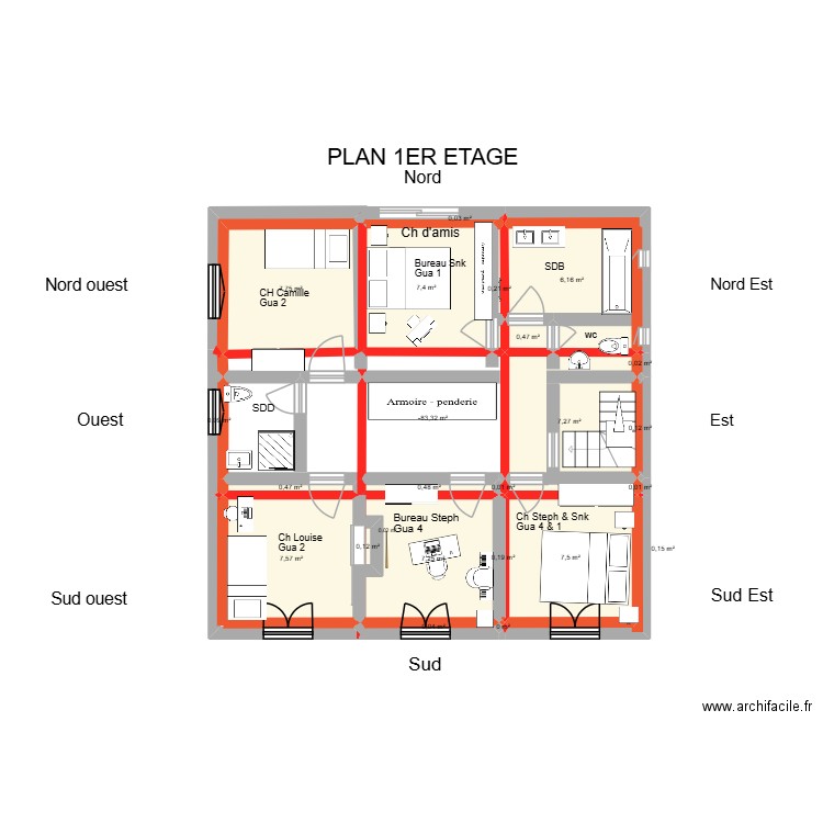 1er etage maison 11 avec calque FS. Plan de 24 pièces et 61 m2