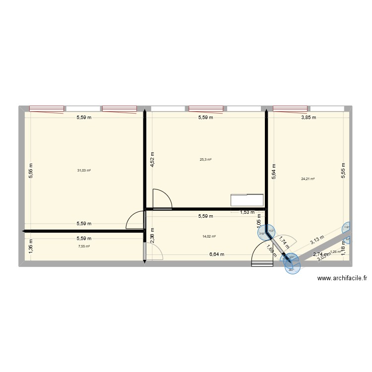 bureau caneranne v1. Plan de 6 pièces et 103 m2