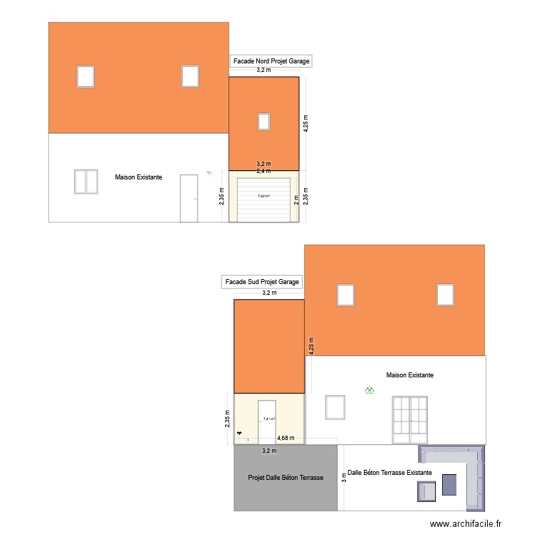 Plan facade et toiture Garage. Plan de 2 pièces et 15 m2