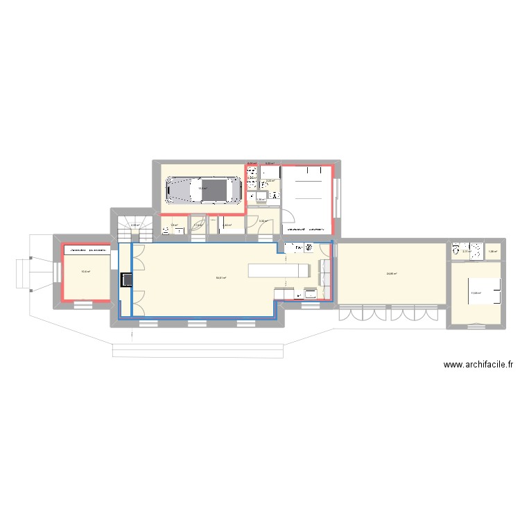 RDC 1. Plan de 17 pièces et 136 m2