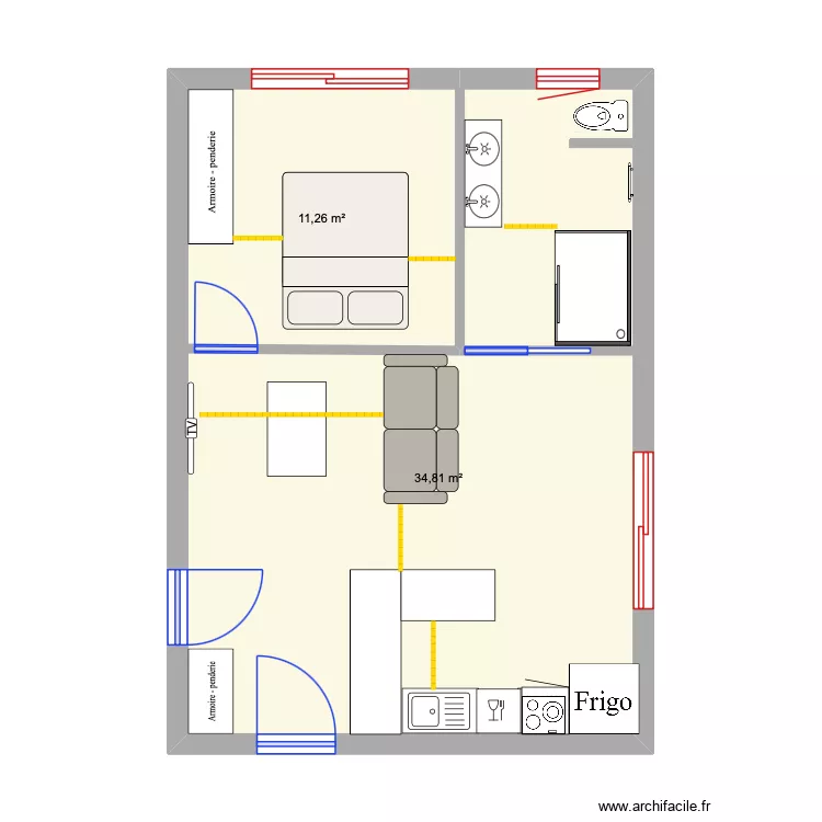 SDB Studio dernier. Plan de 2 et 46 m² SDB Studio dernier. Plan de 2 et 46 m²