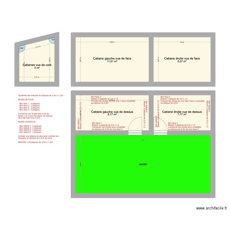Cabanes. Plan de 6 pièces et 70 m2