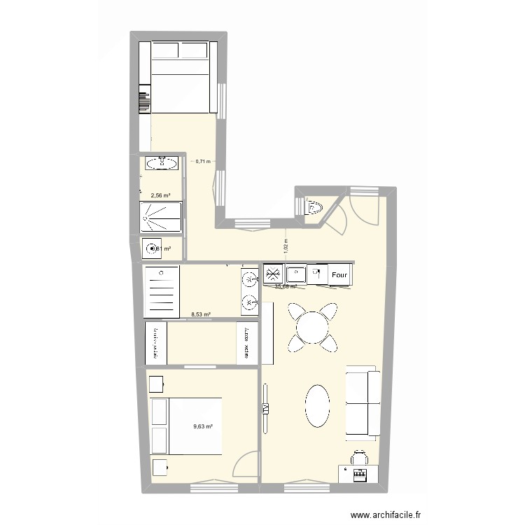 Dufour modif 3. Plan de 5 pièces et 57 m2