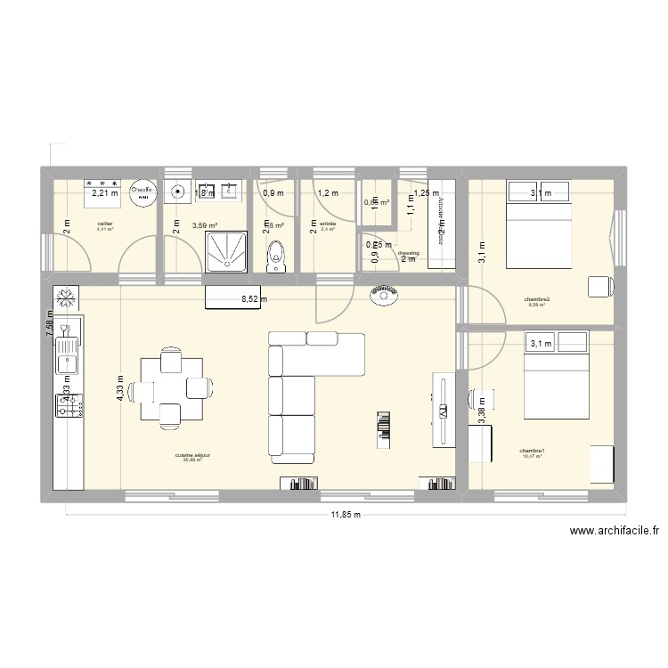 2 ch 73m2. Plan de 9 pièces et 73 m2
