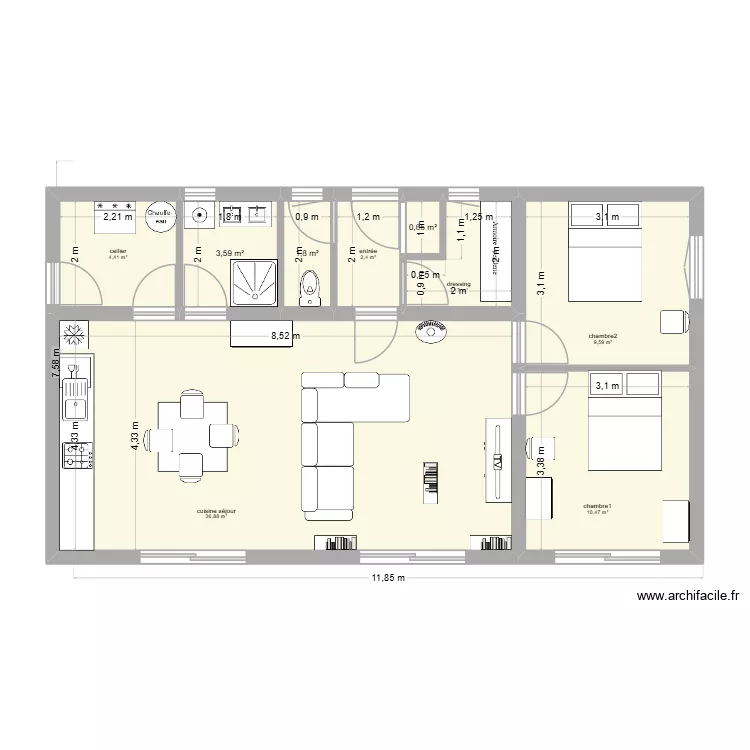 2 ch 73m2. Plan de 2 ch 73m2. Plan de