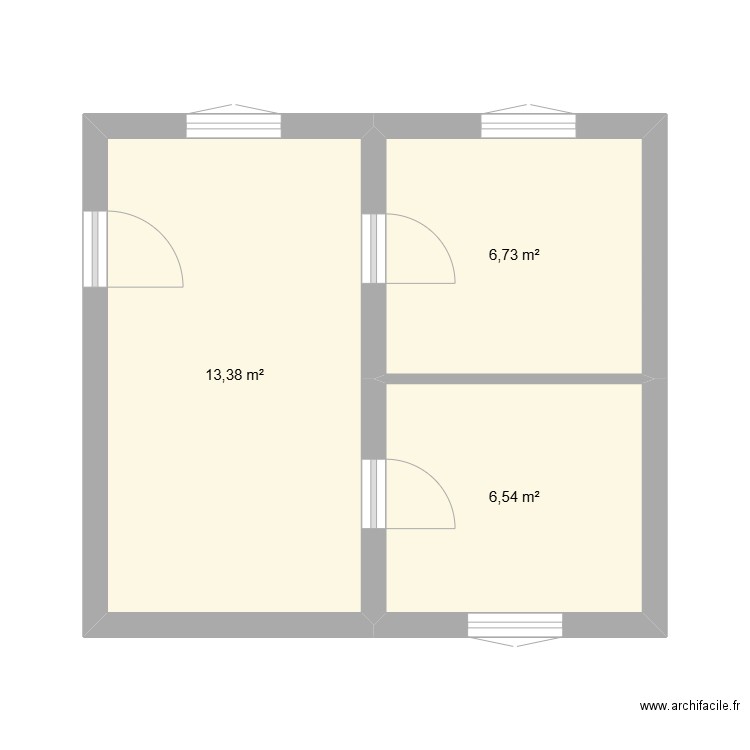 I2Etage0DroiteMeublé. Plan de 3 pièces et 27 m2