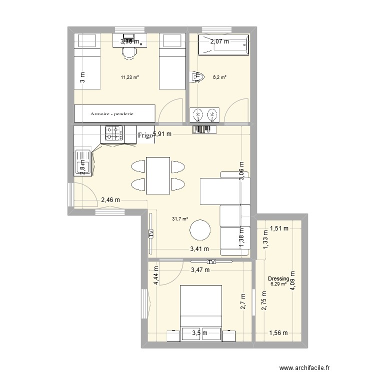 plan maher Tunis. Plan de 4 pièces et 55 m2