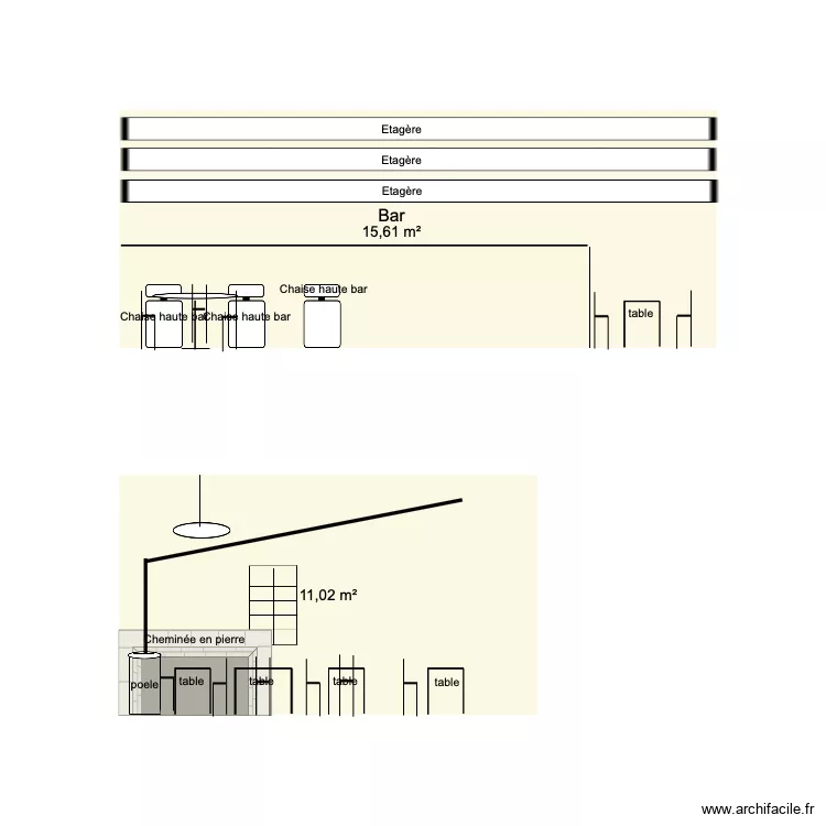 bistrot coupe. Plan de 2 pièces et 27 m²