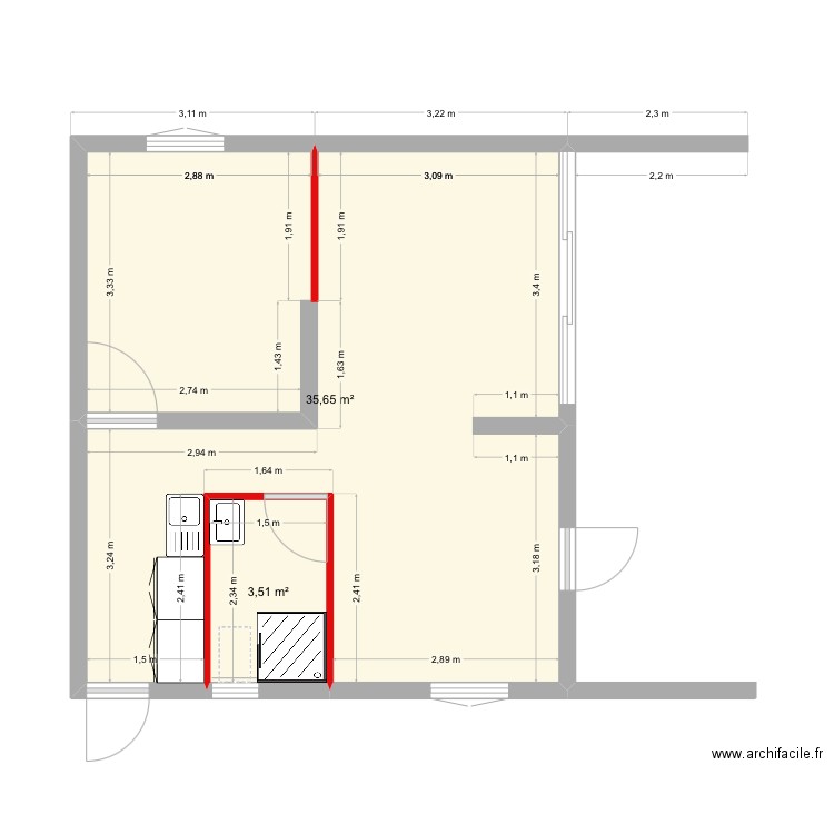 Étage petite île 1. Plan de 2 pièces et 39 m2