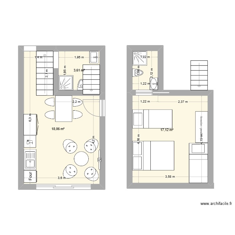 Gite 2 RDC. Plan de 3 pièces et 39 m2