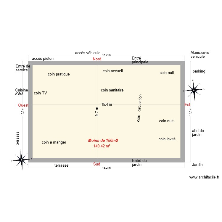 Maison rectangle 03. Plan de 1 pièce et 149 m2