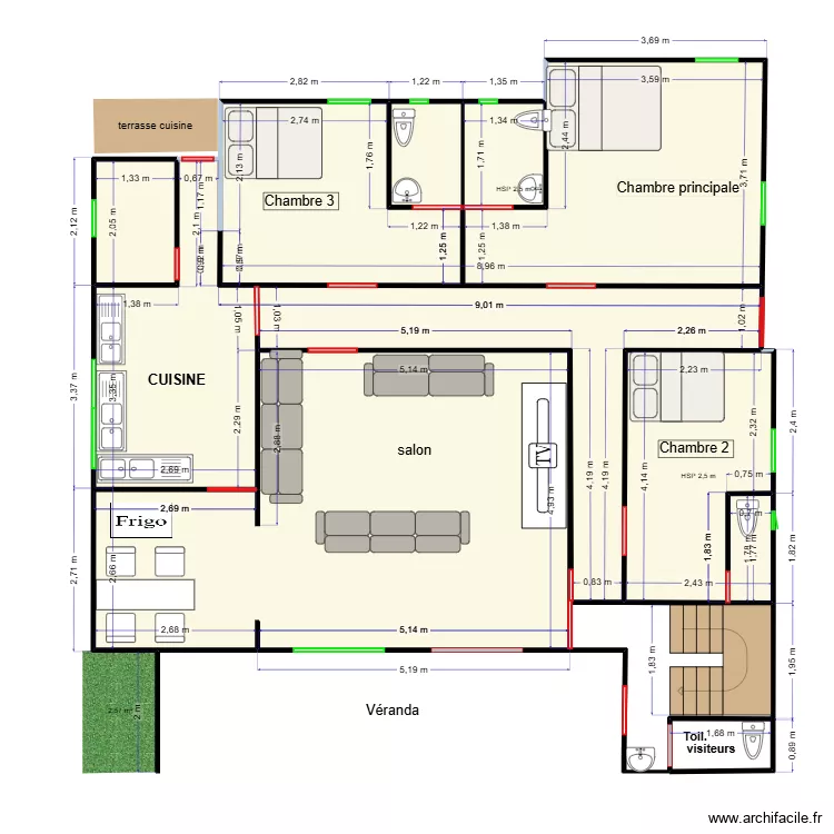 plan 3 chambres salon cuisine adi. Plan de 6  et 96 m²