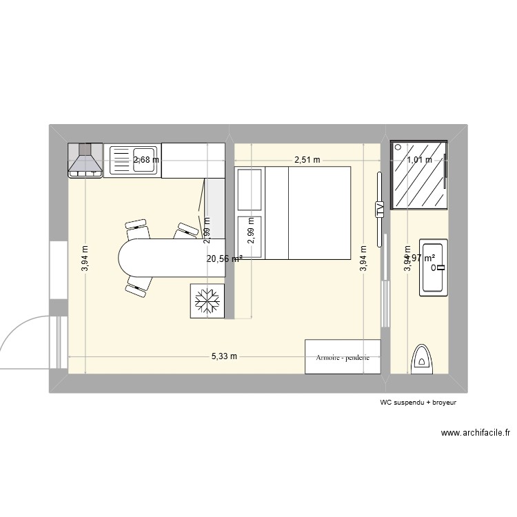 Studio. Plan de 2 pièces et 25 m2