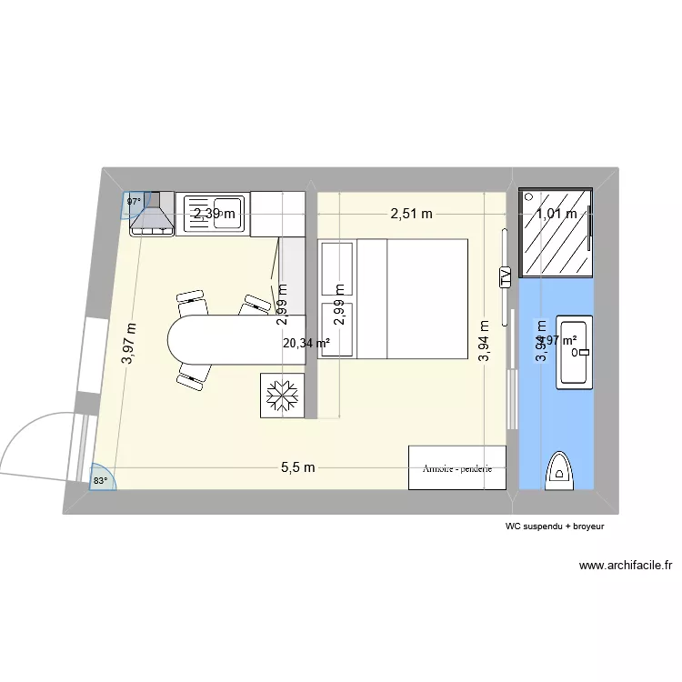 Studio. Plan de 2  et 24 m²