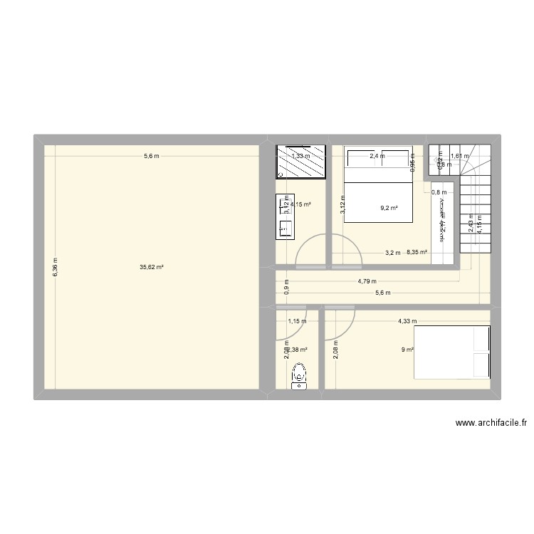 etage. Plan de 6 pièces et 69 m2