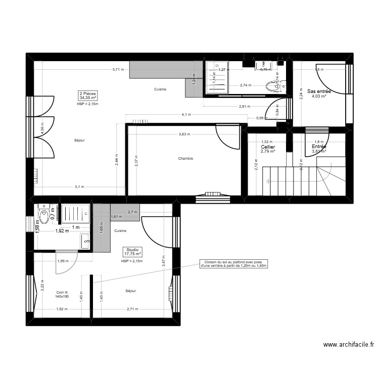 P0.3 PLAN RDC SANITAIRES - PROJET SONNEVILLE. Plan de 11 pièces et 63 m2