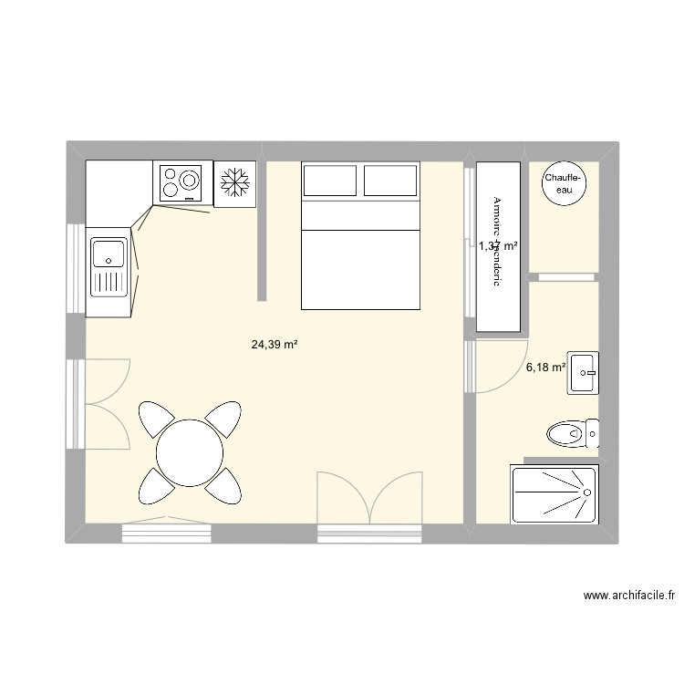 Studio. Plan de 3 pièces et 32 m2