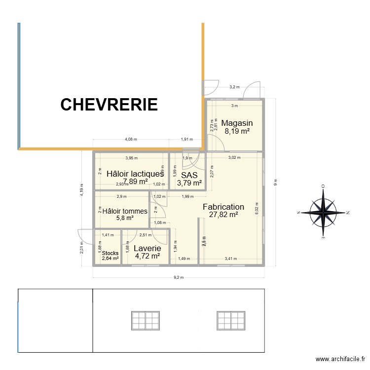 fromagerie. Plan de 8 pièces et 125 m2