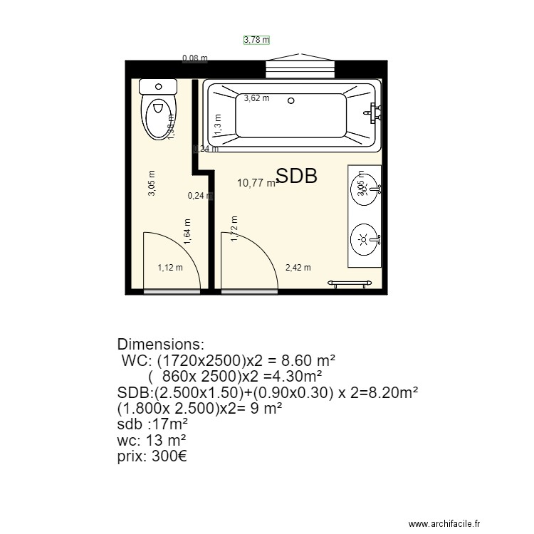 SALLE DE BAIN. Plan de 1 pièce et 11 m2