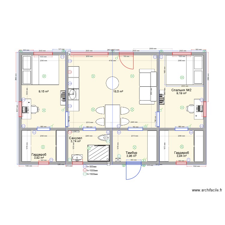60  Дубна эл. Plan de 7 pièces et 52 m2