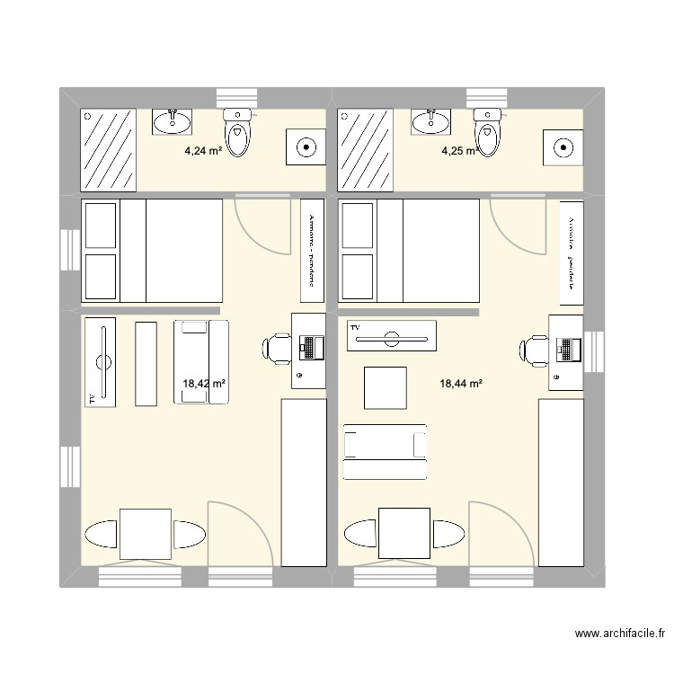 2 studios. Plan de 4 pièces et 45 m2
