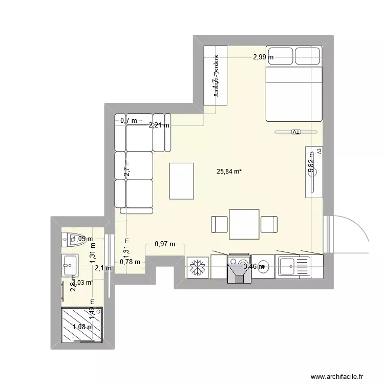 Studio Cluses Projection ok sans mur. Plan de 2 Pièces et 29 m²
